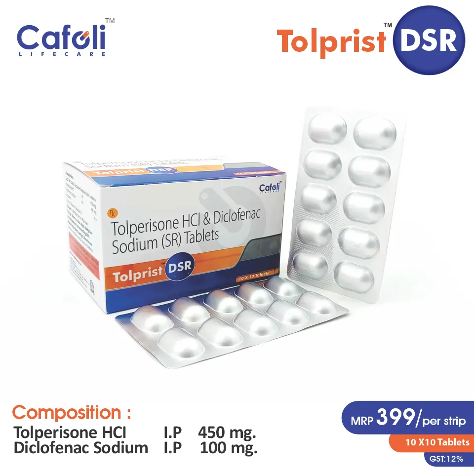 Tolperisone 450mg + Diclofenac 100mg Tablet at best price in PCD Pharma Franchise for Pain and Inflammation Relief.